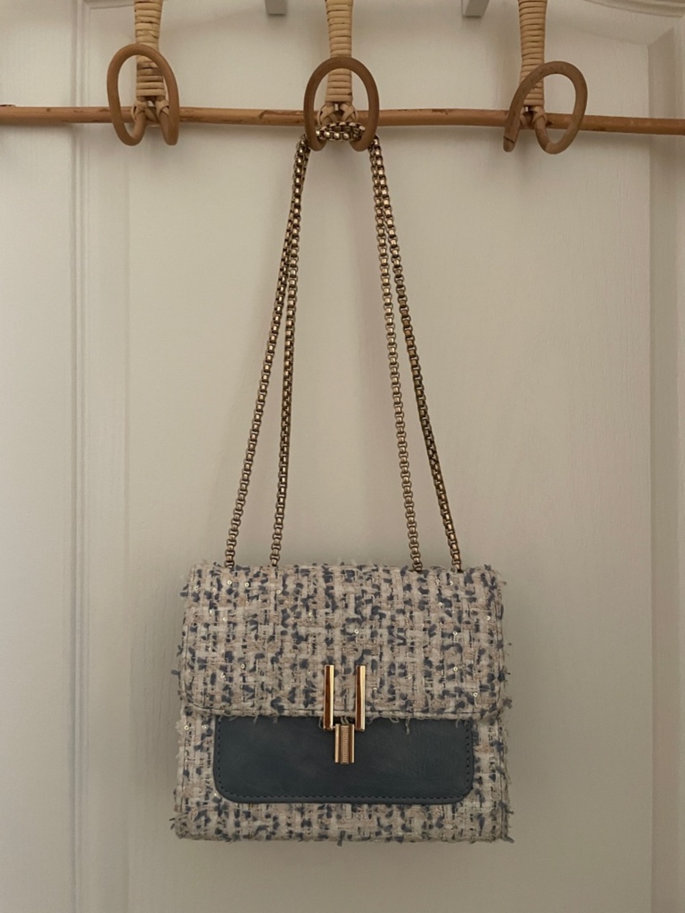Tweed Chain Shoulder Bag with Blue Leather Accent